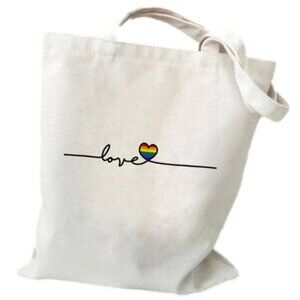 Canvas Tote Bag Love Rainbow Heart Print Design Eco-Friendly 13"x15" w Handle